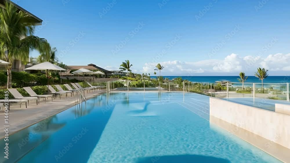Infinity Pool with Azure Water Overlooking Tropical Ocean Under Blue Sky During Sunny Day Infinity Pool with Azure Water Overlooking Tropical Ocean Under Blue Sky During Sunny Day