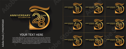 Anniversary logo type set with double line number. golden color for celebration event