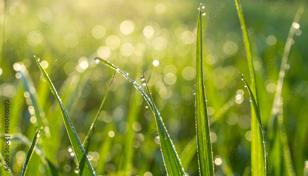 Fototapeta premium Green stalks grass with drops of morning dew. Dew drops on a grass in the morning