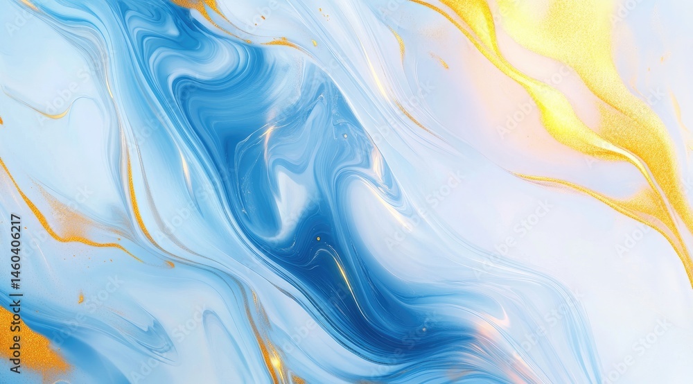 Fototapeta premium Abstract fluid art, swirling light blue, gold accents on a white background. Detailed swirling patterns