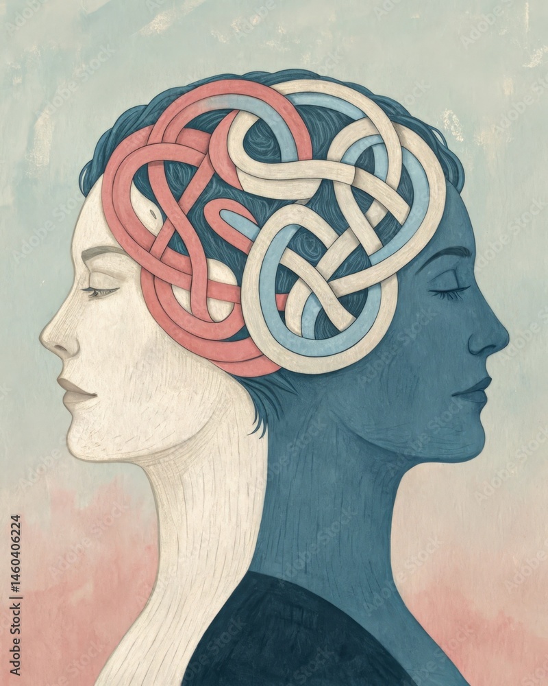 An abstract piece with intertwining shapes depicting the interconnectedness of thoughts and emotions showcasing the complexity of the mindful experience.