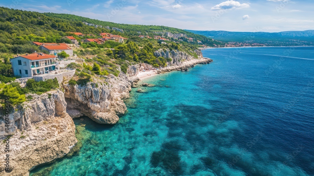 Coastal cliffs and homes overlooking a turquoise sea. Coastal cliffs and homes overlooking a turquoise sea.