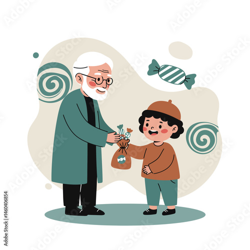 Grandfather giving candy to grandson in cozy clothes with spiral candy background vector illustration 