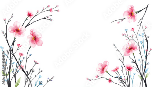 Watercolor painted floral curved frame. Pink flowers, blue black wild meadow twigs, branches, leaves, moss. Hand drawn illustration template. Watercolour artistic template design, dinamic scene. wit