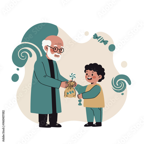Grandfather giving candy bag to happy grandson in affectionate family moment vector illustration 