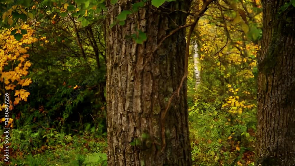 Lush Forest Landscape with Vibrant Yellow Leaves and Towering Trees in Daytime Light Lush Forest Landscape with Vibrant Yellow Leaves and Towering Trees in Daytime Light