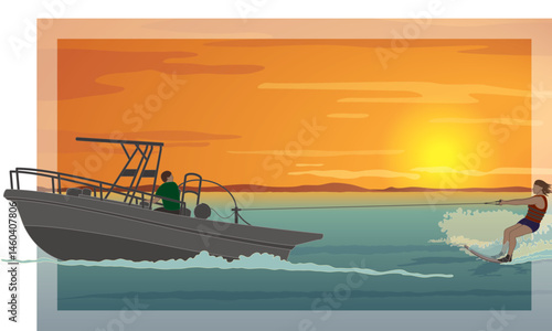 water skiing, female skier pulled behind by a speed boat over open water with a beautiful sunset in the background