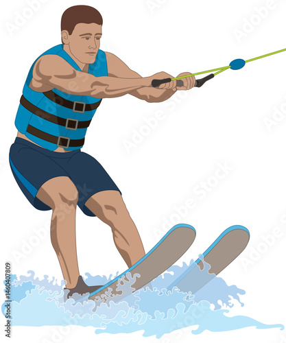 water skiing, male skier holding tow rope riding on skies isolated on a white background