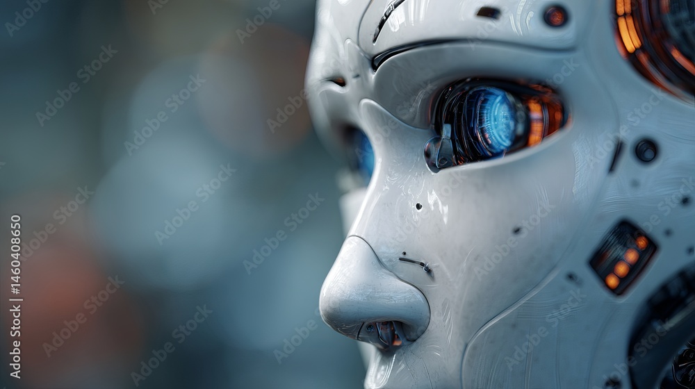Fototapeta premium Closeup of futuristic robot face with glowing blue eyes advanced technology artificial intelligence
