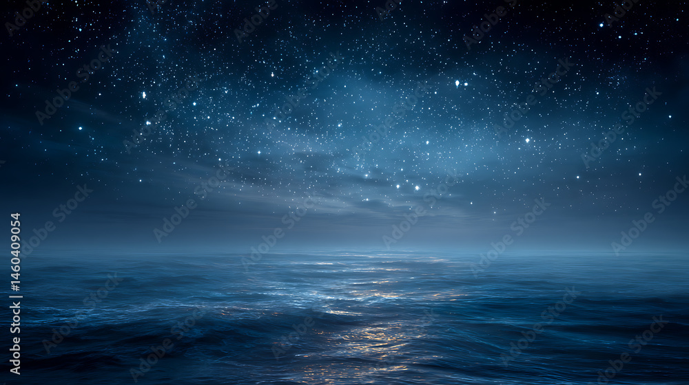 Fototapeta premium Starry night sky over blue ocean background with copy space image