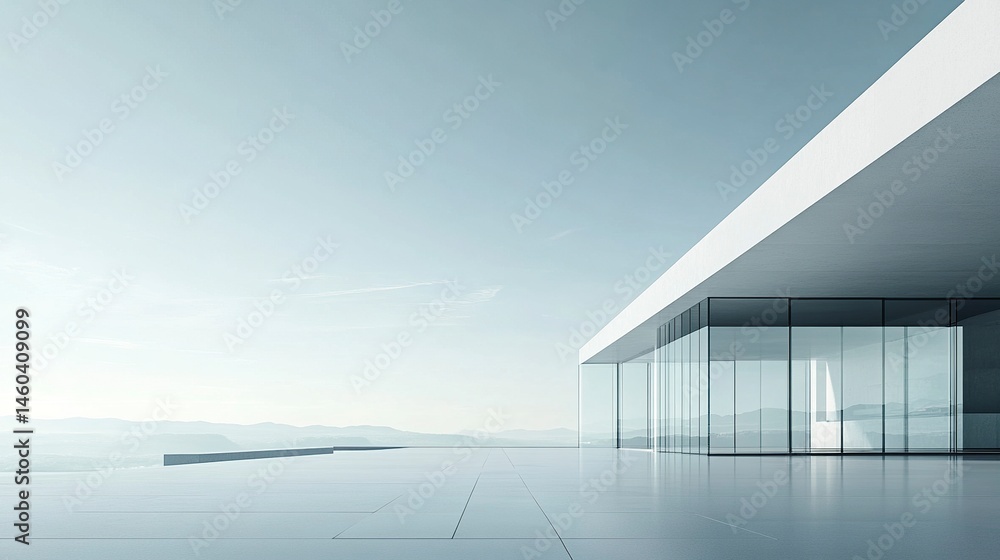 Obraz premium Minimalist white building with expansive glass, sharp lines and a clean backdrop, ideal for contemporary real estate or design visuals. 