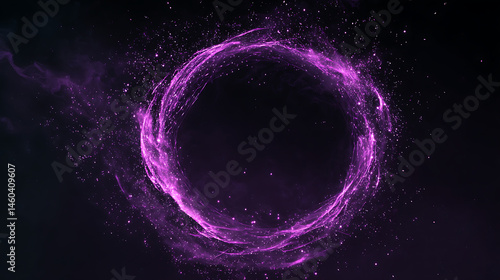 Fototapeta Naklejka Na Ścianę i Meble -  Purple abstract circle galaxy particle effect, ring with swirling particles vortex visual effect layer overlay isolated black and