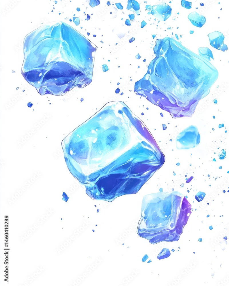 Fototapeta premium Falling ice cubes, vibrant blue and translucent