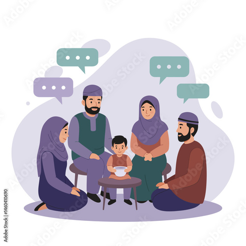 Muslim family sitting together communicating with speech bubbles in casual home setting vector illustration 