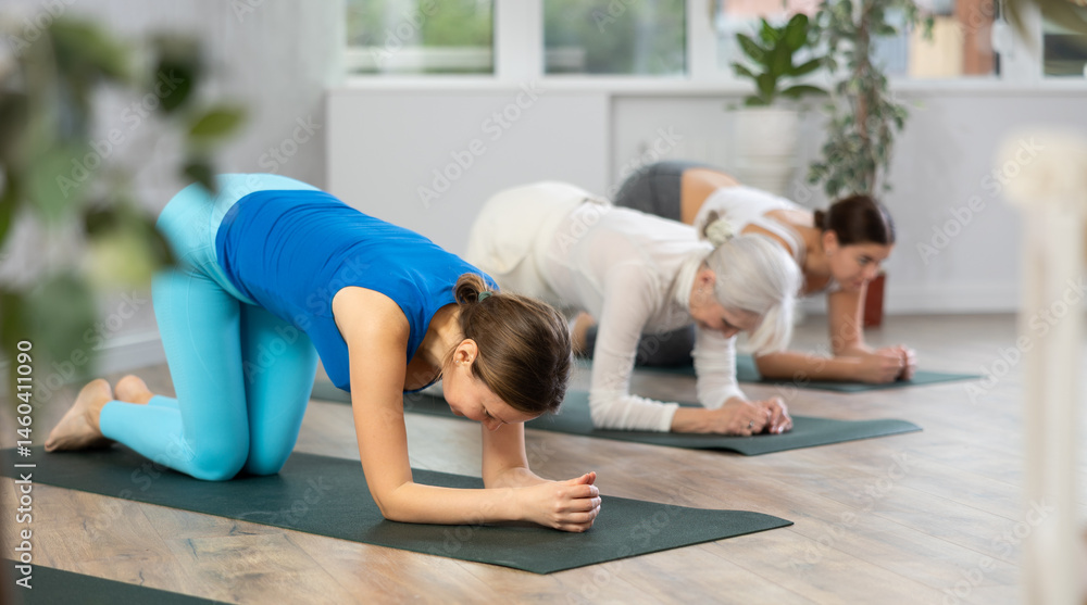Fototapeta premium Sportive women of different ages performing various stretching exercises during yoga workout together in gym studio