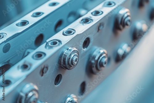 Close-up of intricate metallic mechanism with precisely arranged components and fasteners.
