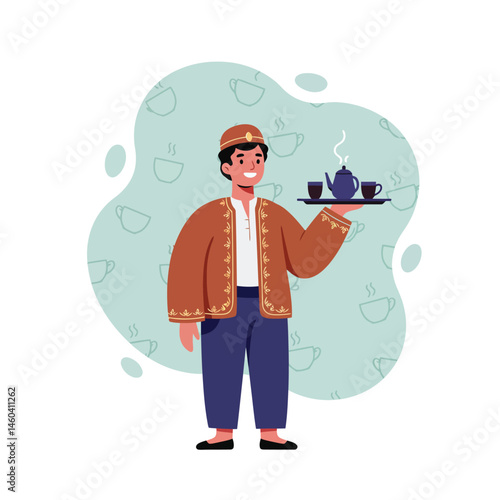 Young man holding tray with teapot and cups in traditional clothing vector illustration 