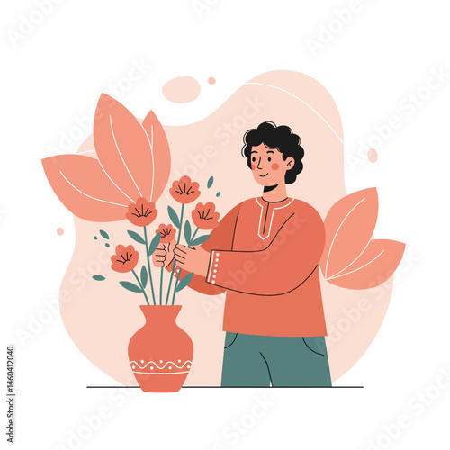 Man arranging orange flowers in vase with large leaves vector illustration in warm color palette 
