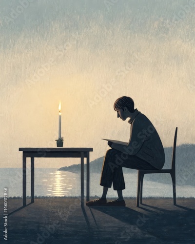 A lone candle flickering on a minimalist desk casting soft shadows as someone sits nearby breathing deeply and letting their mind wander through past experiences.