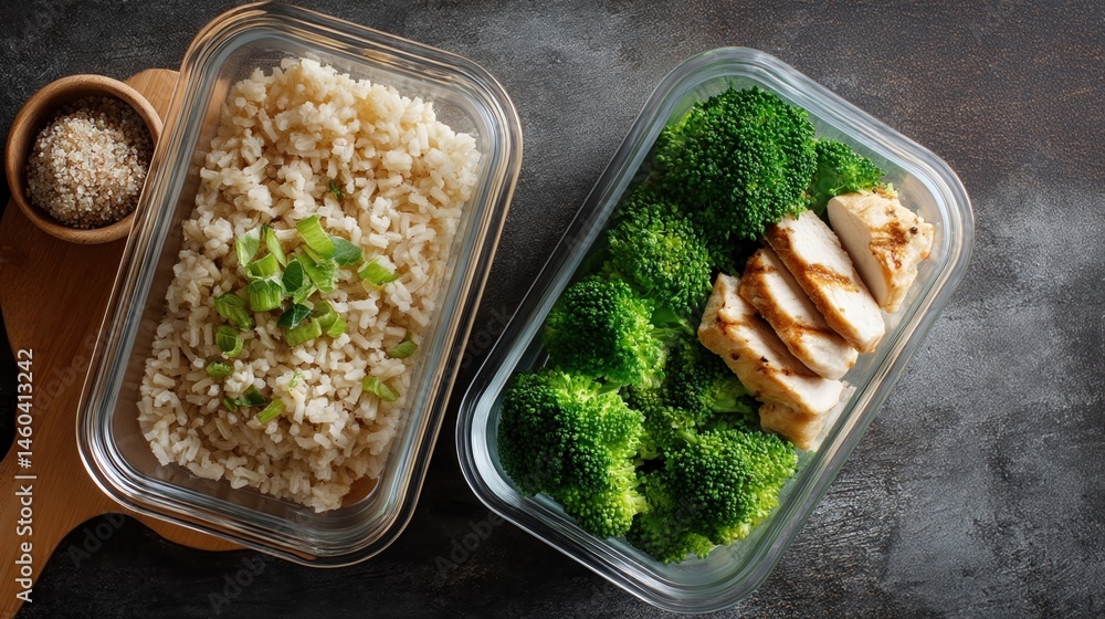 A neatly organized meal prep container filled with brown rice grilled chicken and steamed broccoli showcasing vibrant colors and balanced nutrition.
