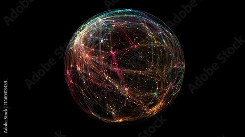 Abstract colorful sphere network global connections data visualization art red blue pink dark lines