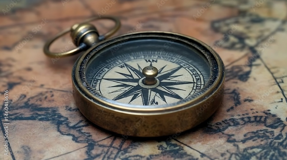 Antique compass resting on aged world map. Antique compass resting on aged world map.