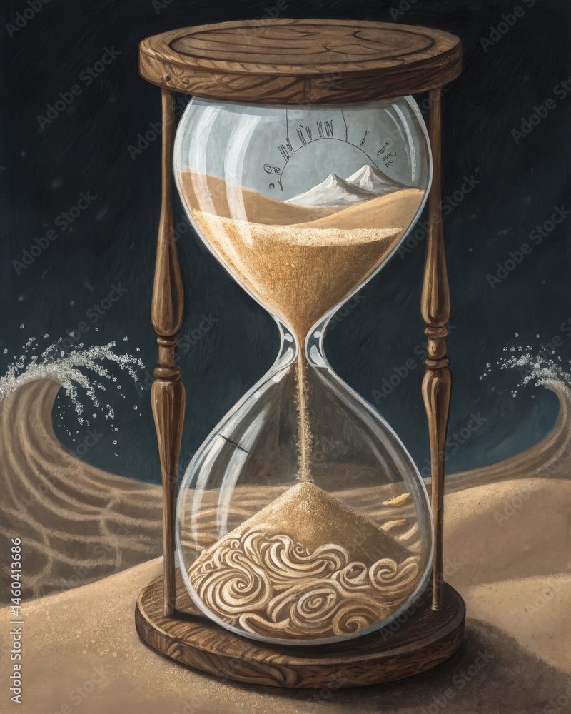 An hourglass halffull with sand where the grains twist and intertwine mirroring the fleeting nature of thoughts and time spent reflecting on them.