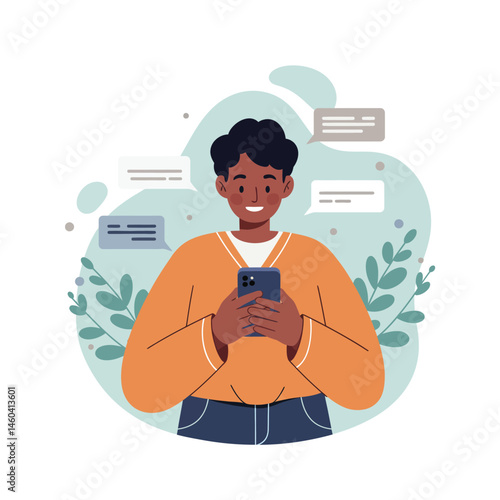 Young man using smartphone chatting with messages and social media icons vector illustration in casual orange sweater and jeans 