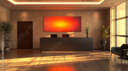 Wallpaper Mural Modern office reception area with a polished desk, vibrant artwork, and warm lighting, creating a welcoming atmosphere for clients.  Torontodigital.ca