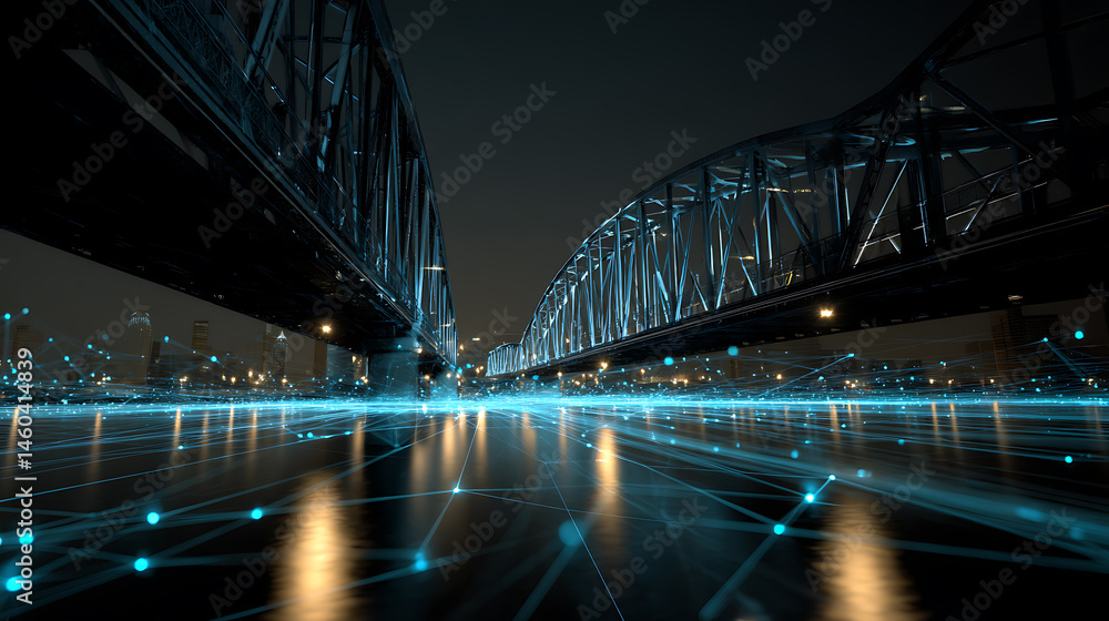 Fototapeta premium Illuminated bridge of light and data streams symbolizing technological connections