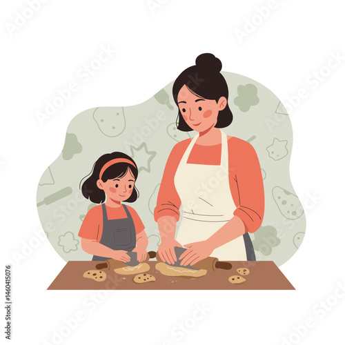 Mother and daughter baking cookies together in kitchen vector illustration for family activity and bonding time 