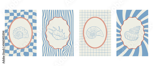 Set of hand-drawn vertical summer posters with seashells. Retro tropical marine style for travel print, beach decor, packaging, and coastal graphic design. Vector illustration.