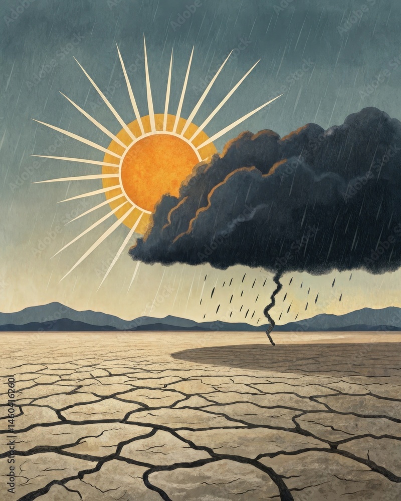 A sun rising on one side of a dark storm cloud casting light on a barren landscape representing the contrast of optimism amidst overwhelming challenges.