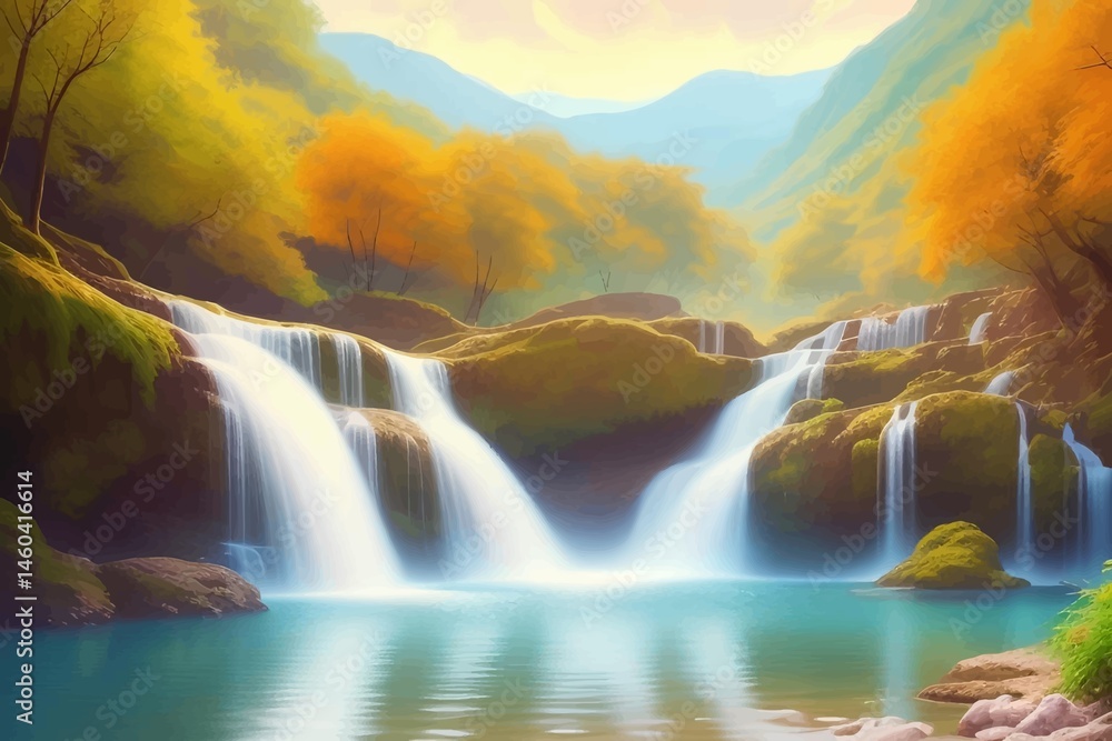 Obraz premium Beautiful and Peaceful Nature Scenery Illustration Landscape Countryside Tranquil Vibrant and Colorful