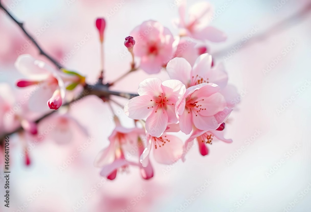 Obraz premium Pastel watercolor cherry blossoms, shallow depth of field, soft light background, branches, soft