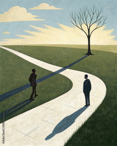 A split image of two paths one filled with shadows of doubt and the other bathed in sunlight depicting the stark contrast of choices during a moral crisis.