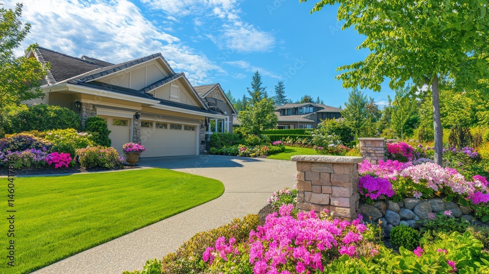Obraz premium Suburban home with manicured lawn and colorful landscaping. Driveway leads to a garage beneath a sunny sky