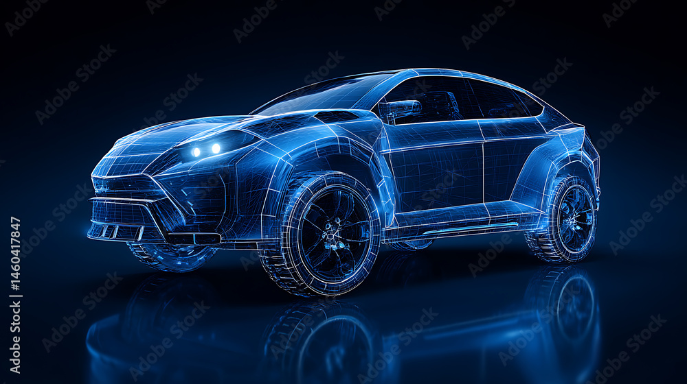 Modern suv car wireframe concept in ar, augmented reality wireframe of car concept with blue background Modern suv car wireframe concept in ar, augmented reality wireframe of car concept with blue background
