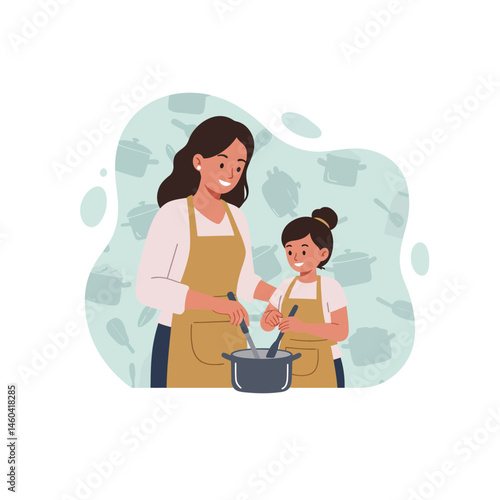 Mother and daughter cooking together in kitchen wearing aprons vector illustration family bonding and teamwork 