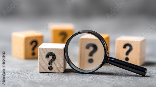 Identifying and understanding issues through root cause analysis using a magnifying glass on wooden cubes with question marks on a grey background