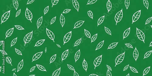 Seamless green & white minimal line doodle leaf pattern; perfect for packaging, botanical, minimal