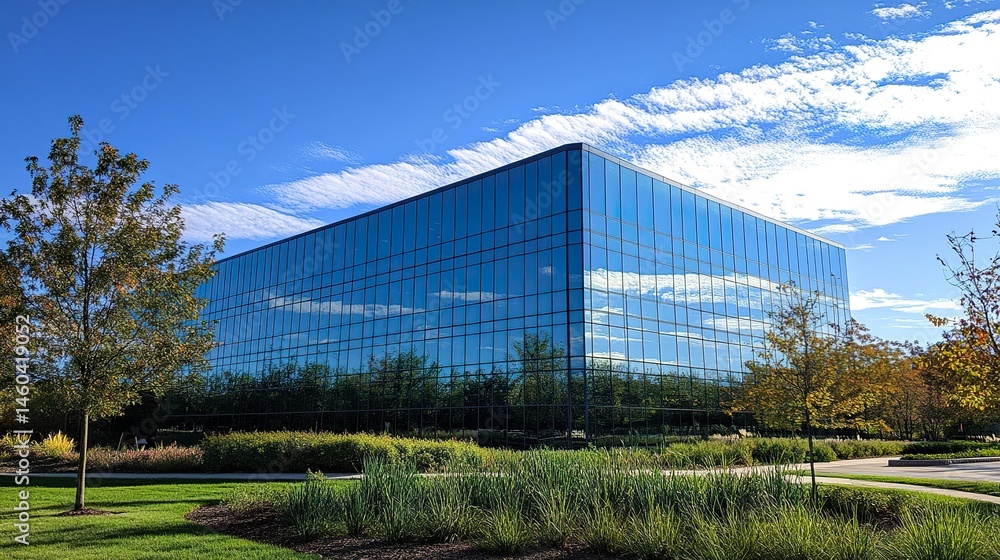 Obraz premium Reflective glass office building framed by greenery, sunlight casting dynamic reflections, set against a brilliant blue sky. 