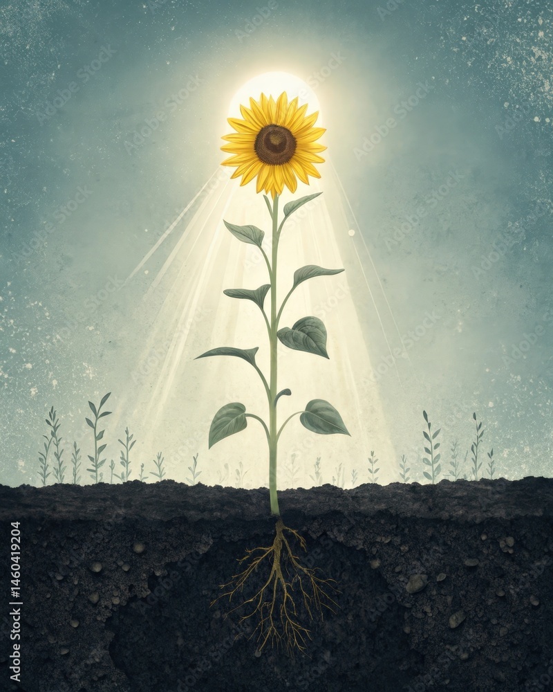 A sunflower growing towards a bright light symbolizing growth and optimism from the dark soil of negativity.