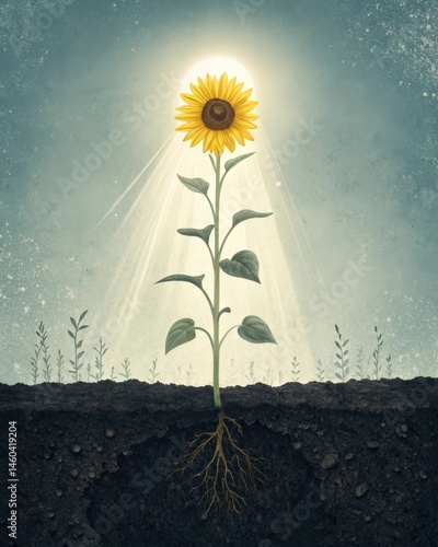 Obraz na płótnie A sunflower growing towards a bright light symbolizing growth and optimism from the dark soil of negativity. w salonie