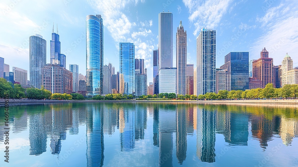 Fototapeta premium Skyline panorama with high-rise buildings, reflective glass windows gleaming in the light, showcasing modern city life. 