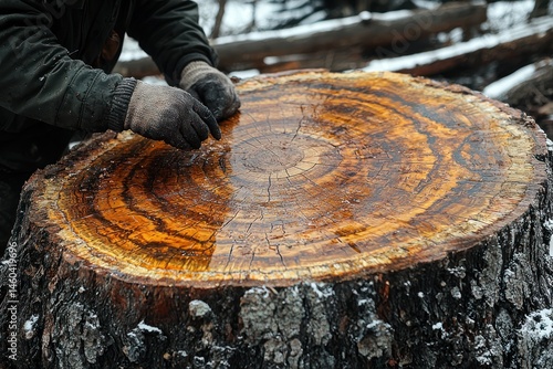 Person inspecting the cross-section of a tree stump, showcasing its rings and resin