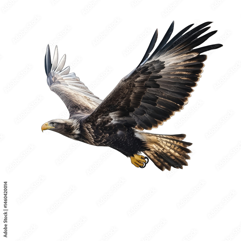 A majestic golden eagle soars through the air on a black background view A majestic golden eagle soars through the air on a black background view