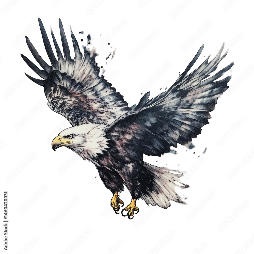 Obraz premium A majestic bald eagle soaring with wings spread against black backdrop