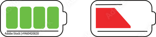 "Battery icons showing full charge and low battery, symbolizing energy, power, and charging, ideal for technology, devices, and mobile applications."

