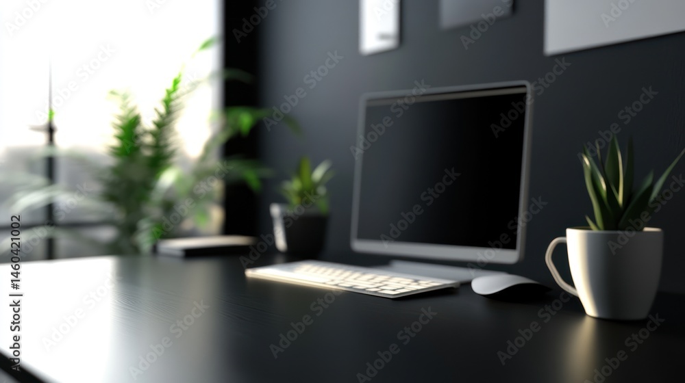 Refined workspace aesthetics: Minimalist desk setup with digital tools and greenery Refined workspace aesthetics: Minimalist desk setup with digital tools and greenery